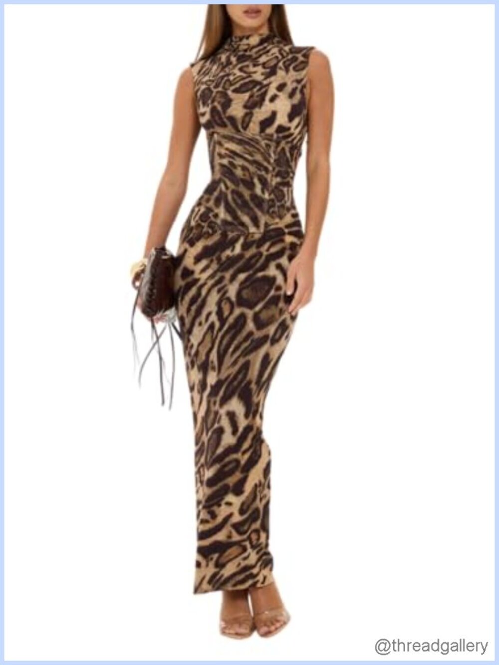 Leopard Print Bodycon Maxi Dress with Waist Corset Sleeveless Mock Neck